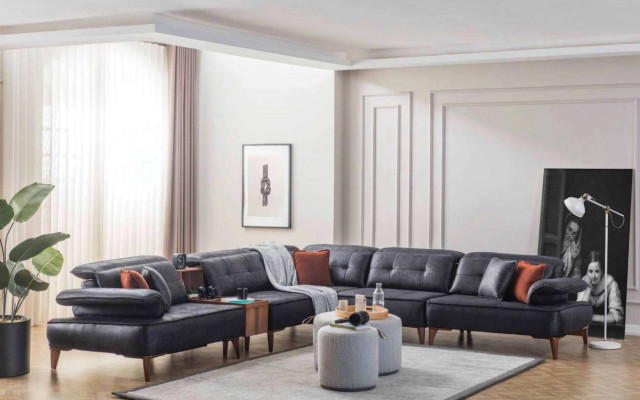 Ecksofa L-Form Sofa Luxus Eck Kunstleder Wohnzimmer Polyester Schwarz