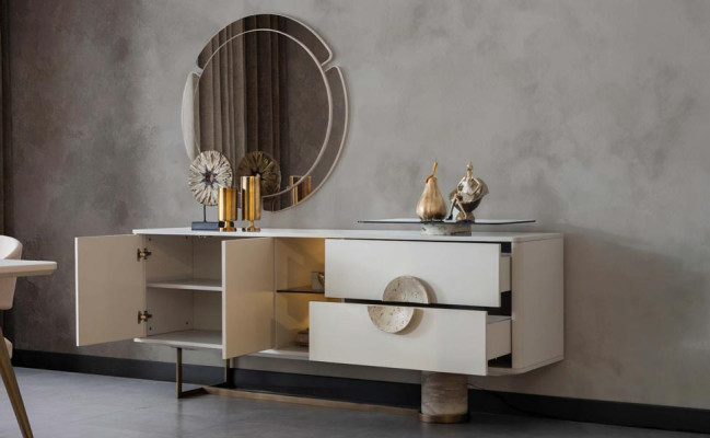 Essgarnitur Esszimmer Set 8tlg. Einrichtung Wohnzimmer Tisch 6 Stühle Kommode
