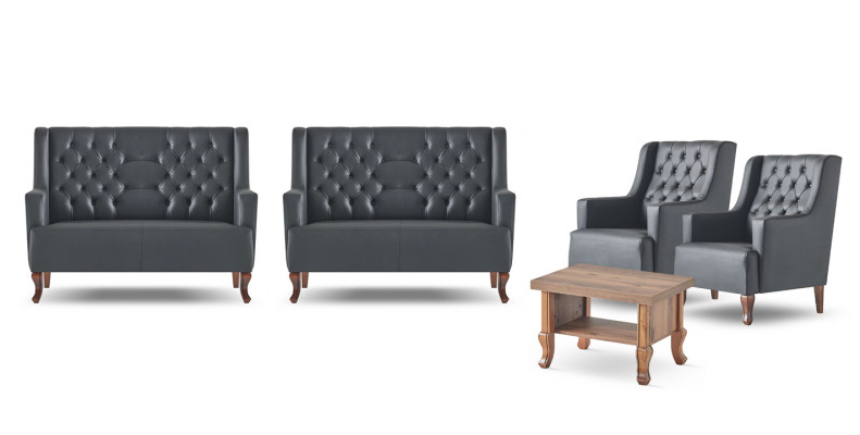 Ledersofas Set 3-Sitzer Sessel Chesterfield Couchtisch Sofa-Set Holz
