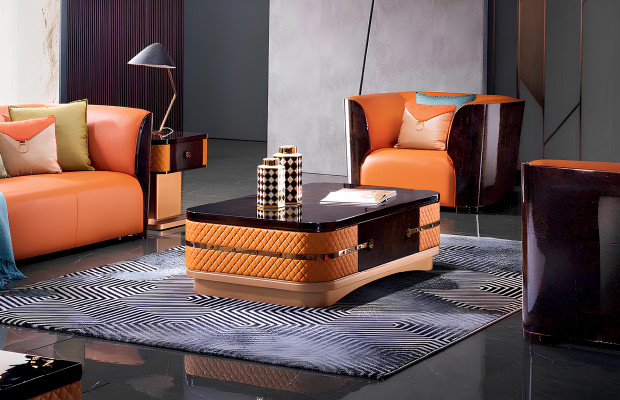 Couchtisch Tisch Leder Stein Sofa Beistell Luxus Tische Orange Wohnzimmer Neu