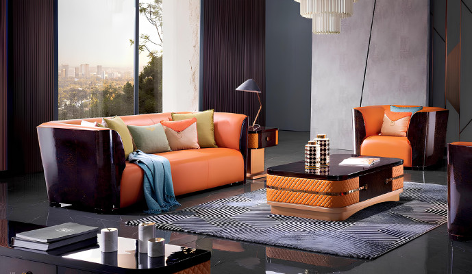 Couchtisch Tisch Leder Stein Sofa Beistell Luxus Tische Orange Wohnzimmer Neu
