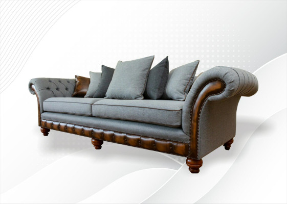 Wohnzimmer Möbel Stoff Textil Grau Chesterfield Dreisitzer Sofa Couch Polster