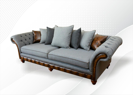 Wohnzimmer Möbel Stoff Textil Grau Chesterfield Dreisitzer Sofa Couch Polster