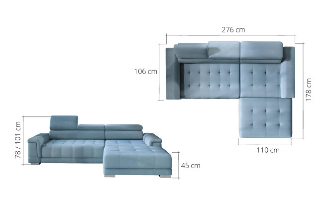 Ecksofa L-Form Sofa Couch Design Polster Modern Textil Bettfunktion Grau Stoff