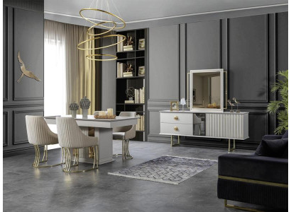 Esszimmer Set Garnitur Tisch 4x Stühle Design Sideboard Modern Möbel Weiß