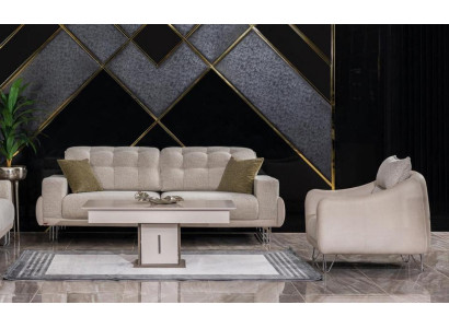 Wohnzimmer Set Beige Hochwertig Sitzgruppe Sofa 3 Sitzer Sessel Polster