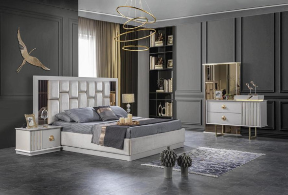 Schlafzimmer Weiß stilvoll Komplettes Bett 2x Nachttische Kommode mit Spiegel
