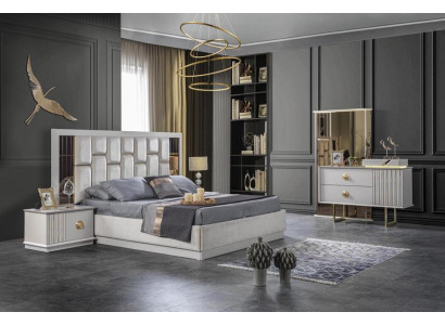 Schlafzimmer Weiß stilvoll Komplettes Bett 2x Nachttische Kommode mit Spiegel