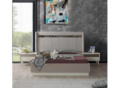 Schlafzimmer Set Einrichtung Bett mit Nachttischen Komplette Garnitur Beige 3tlg