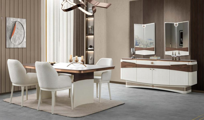 Esszimmer Komplett Esstisch 4x Polsterstühle Sideboard 2x Spiegele Weiß 8tlg