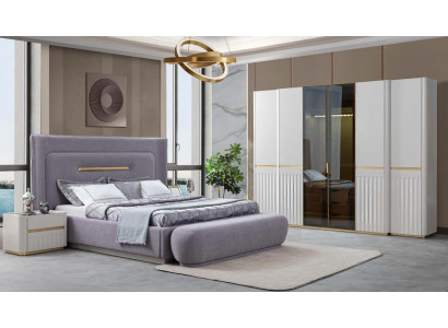 Schlafzimmer Set Kleiderschrank Bett 2x Nachttische Sitzbank Violett Komplett