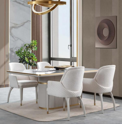 Essgruppe Hochglanz Esstisch 4x Stühle Edelstahl Holz Weiß Esszimmermöbel 5tlg