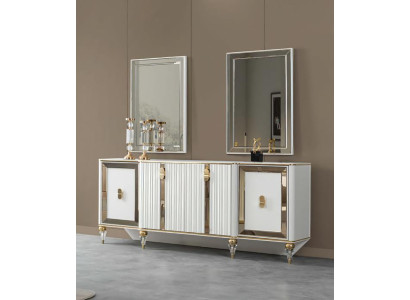 Esszimmer Sideboard Kommode Schrank mit 2x Spiegele Weiß Gold Edelstahl
