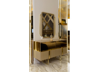 Kommode Verspiegelt mit Spiegel Gold Edelstahl Holz Luxus Wohnzimmer