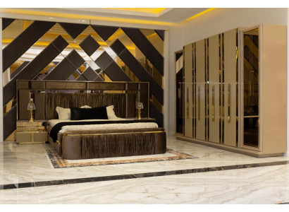 Bett Bank 2x Nachttische Kleiderschrank Gold Edelstahl Schlafzimmer Luxus 5tlg