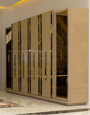 Bett Bank 2x Nachttische Kleiderschrank Gold Edelstahl Schlafzimmer Luxus 5tlg