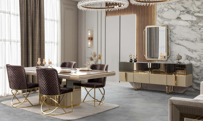Esszimmer Komplett  Sideboard mit Spiegel Esstisch 4x Stühle Luxus Gold