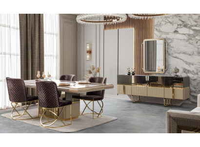 Esszimmer Komplett  Sideboard mit Spiegel Esstisch 4x Stühle Luxus Gold