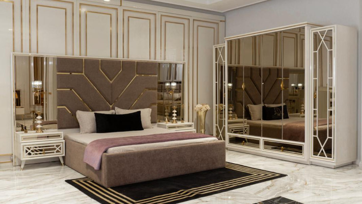 Bett 2x Nachttische Kleiderschrank Verspiegelt Luxus Schlafzimmer Möbel 4tlg