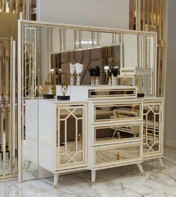 Bett Kommode mit Spiegel 2x Nachttische Edelstahl Gold Luxus Möbel 4tlg