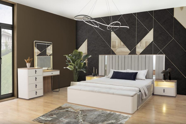 Schlafzimmer Komplett Kommode mit Spiegel Bett Nachttische Bank Beige 5tlg