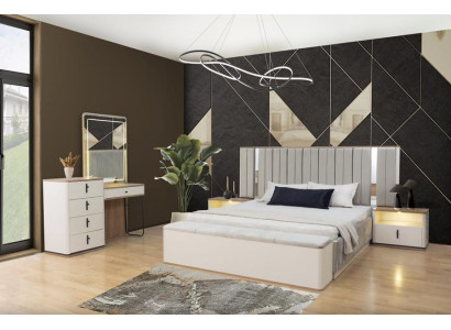 Schlafzimmer Komplett Kommode mit Spiegel Bett Nachttische Bank Beige 5tlg