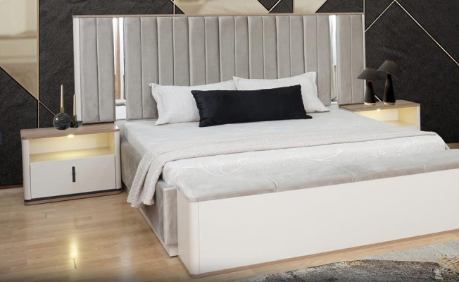 Schlafzimmer Set Polsterbett Bett Nachttische  Mit Beleuchtung Beige