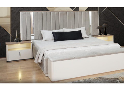 Schlafzimmer Set Polsterbett Bett Nachttische  Mit Beleuchtung Beige