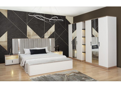 Bett Bank 2x Nachttische Kleiderschrank Verspiegelt Weiß Schlafzimmer 5tlg