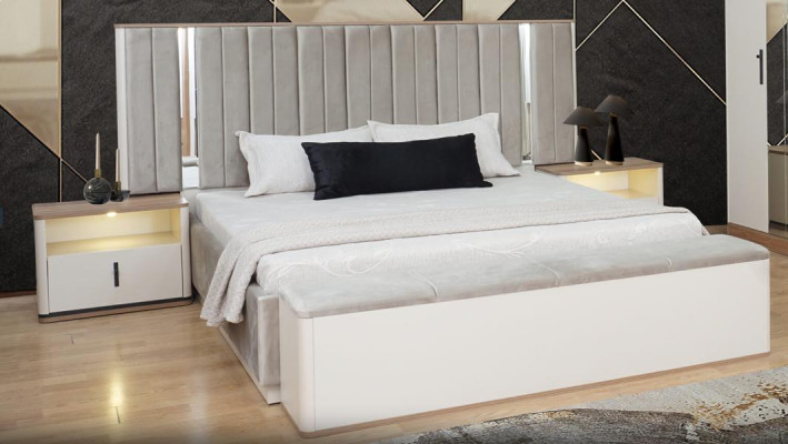 Bett Bank 2x Nachttische Kleiderschrank Verspiegelt Weiß Schlafzimmer 5tlg