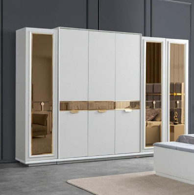 Bett Nachttische Kleiderschrank Verspiegelt Bank Weiß Gold Blau Edelstahl 5tlg