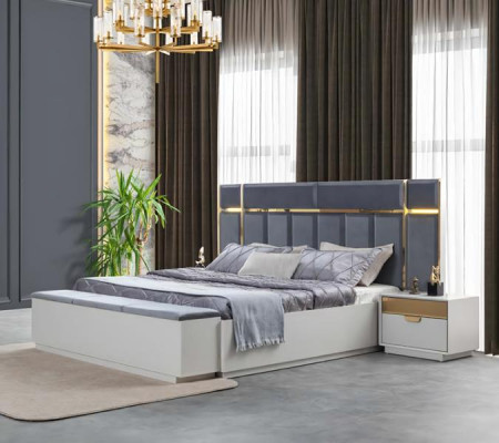 Bett Nachttische Kleiderschrank Verspiegelt Bank Weiß Gold Blau Edelstahl 5tlg