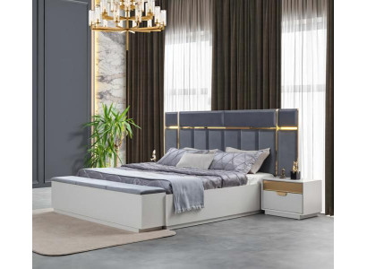 Schlafzimmer Komplett Polsterbett Bank Nachttische Edelstahl Weiß Blau 4tlg