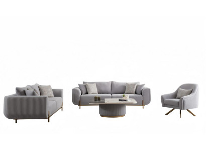 Wohnzimmer Set Sofa 3 sitzer Couchtisch Sessel Beige Gold Edelstahl