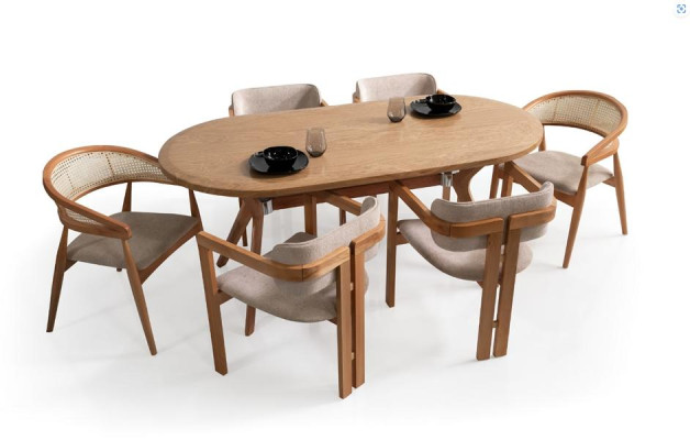Essgruppe Esszimmergruppe Esstisch Oval mit 6 Stühlen Gepolstert Beige