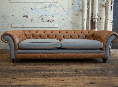XXL Big Sofa 4 Sitzer Couch Chesterfield Polster Sitz Garnitur Leder Textil Grau