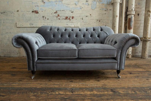 2 Sitzer Couch Polster Sofa Textil Stoff Chesterfield Couchen Garnitur Grau -Neu