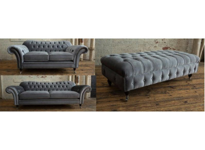 3+2 + Hocker Chesterfield Textil Stoff Sofagarnitur Polster Couchen Sofas Design