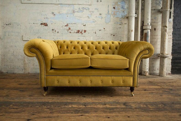Cheserfield Samt Sofa 2 Sitzer Designer Couchen Couch Textil Stoff Gelb Polster