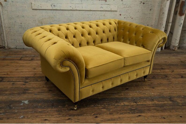 Cheserfield Samt Sofa 2 Sitzer Designer Couchen Couch Textil Stoff Gelb Polster