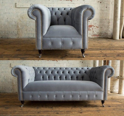 3+2+1 Sofagarnitur Chesterfield Polster Sofa Sofas Couchen Couch Leder Grau Neu