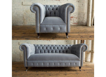 3+2+1 Sofagarnitur Chesterfield Polster Sofa Sofas Couchen Couch Leder Grau Neu