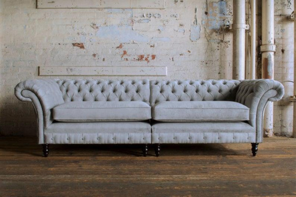 XXL Sofa 4 Sitzer Couch Chesterfield Polster Sitz Garnitur Leder Textil Hellgrau