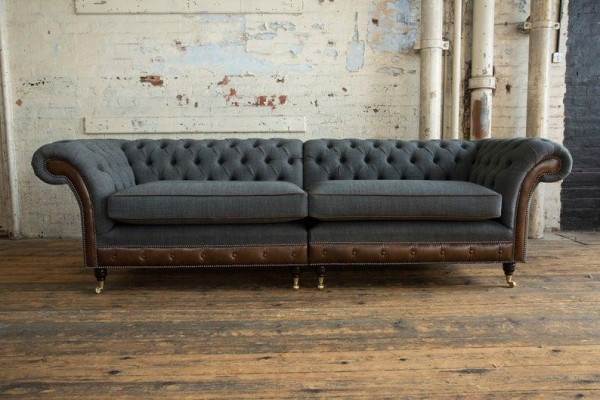 XXL Sofa 4 Sitzer Couch Schwarz  Chesterfield Polster Sitz Garnitur Leder Textil