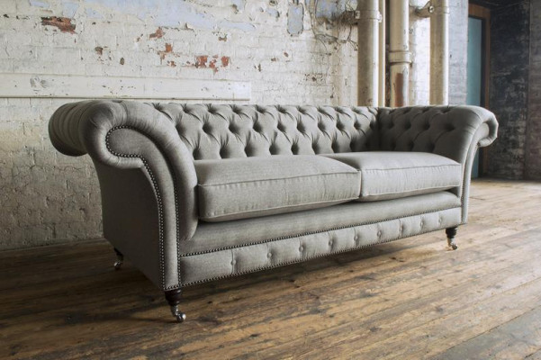 XXL Sofa 3 Sitzer Couch Chesterfield Polster Sitz Garnitur Leder Textil Hellgrau