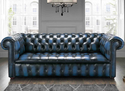 XXL Blau Sofa 3 Sitzer Couch Chesterfield Polster Sitz Garnitur Leder Textil
