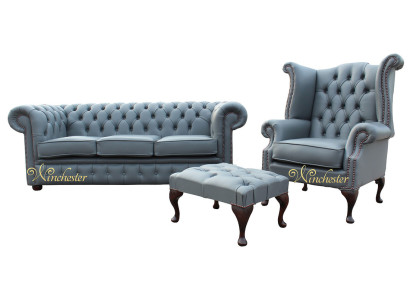 3 Sitzer Couch Ledersofa Chesterfiield + Ohrensessel Hocker 3 tlg. Sofagarnitur