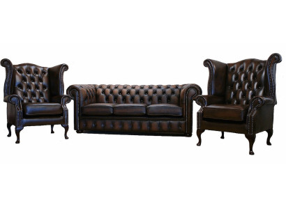 3 tlg. Sofagarnitur 3 Sitzer Couch Ledersofa Chesterfiield + 2x Ohrensessel Neu