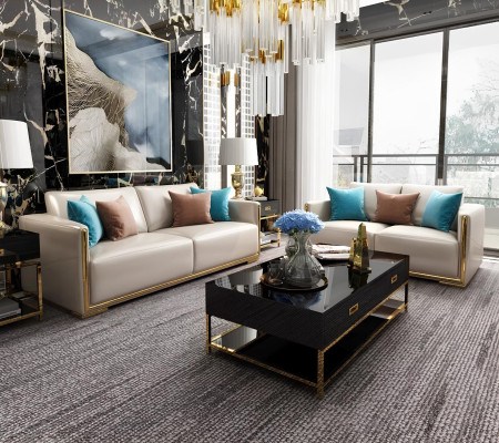 Design Metall Couch Sofa Polster Garnitur Sitz Couch 3+2 Chesterfield Leder