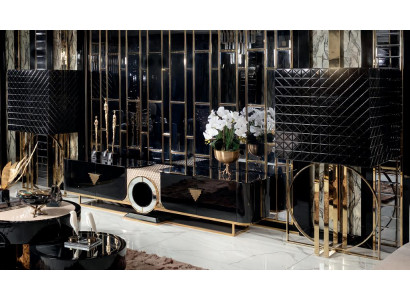 Lowboard Vitrine Wohnzimmer Set Dunkles Edelstahl Regale Ästhetik 3tlg